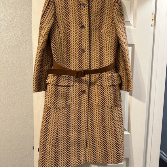 Vintage Herringbone Wool Coat with Belt - Picture 2 of 14
